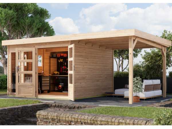 Gartenhaus Lahar 6 19 mm naturbelassen mit Anbaudach