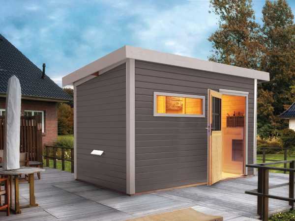 Saunahaus Suva 2 Grau mit Holztür & Vorraum, inkl. 9 kW Saunaofen mit externer Steuerung