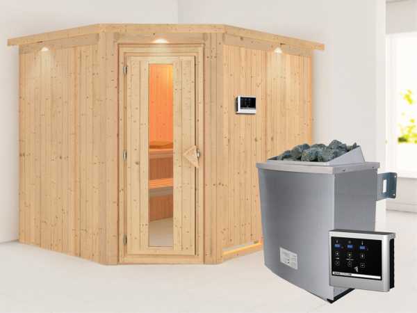 Systemsauna Malin mit Dachkranz, Holztür mit Isolierglas, inkl. 9 kW Saunaofen ext. Steuerung