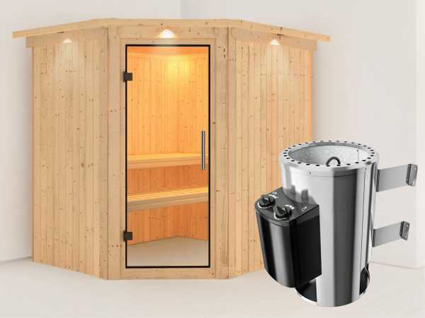 Sauna Systemsauna Lilja mit Dachkranz, Klarglas Ganzglastür + Plug &amp; Play Saunaofen mit Steuerung