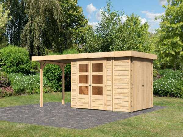 Gartenhaus SET Retola 2 19 mm naturbelassen, inkl. 2,4 m Anbaudach + Anbauschrank