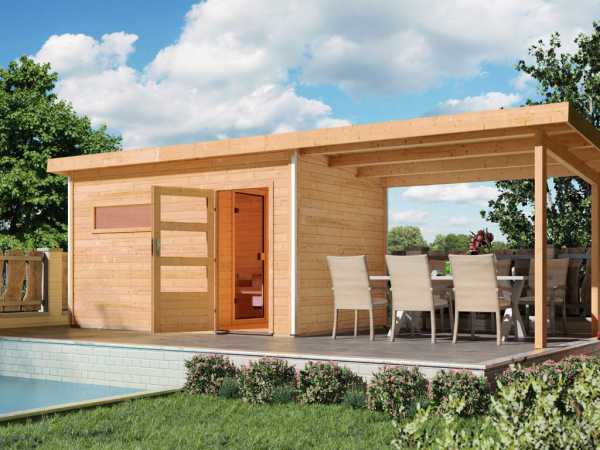 Saunahaus Skrollan 3 mit Klarglastür & Vorraum, inkl. 9 kW Bio-Kombiofen mit externer Steuerung