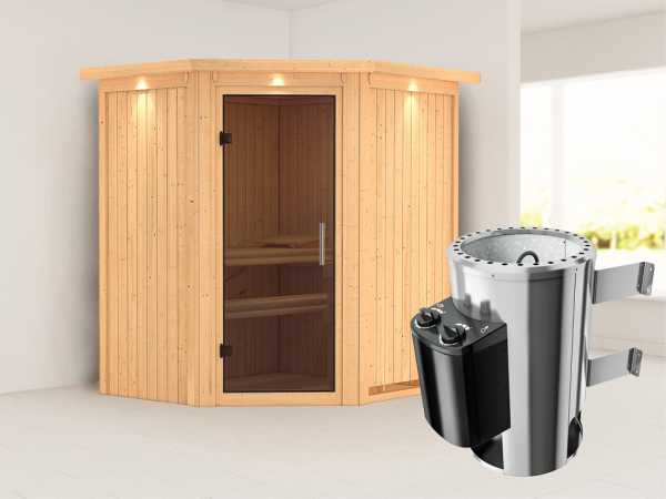 Sauna Systemsauna Tonja mit Dachkranz, graphit Ganzglastür + Plug & Play Saunaofen mit Steuerung