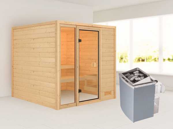 Sauna Jutta mit bronzierter Glastür + 9 kW Saunaofen integr. Strg.