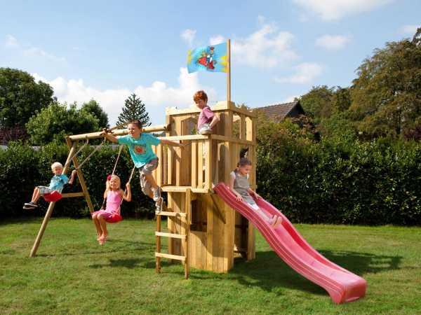 Spielturm FIPS Ritterburg inkl. Rutsche rot und Schaukelanbau