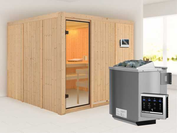 Sauna Arvika mit bronzierter Glastür + 9 kW Bio-Kombiofen mit ext. Strg.
