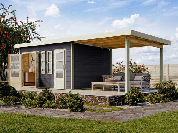 Gartenhaus Zweiraumhaus Appelhorn 28 mm terragrau inkl. 2,6 m Anbaudach