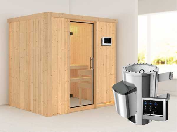 Sauna Systemsauna Fanja Klarglas Ganzglastür + Plug & Play Saunaofen mit externer Steuerung