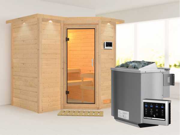 Sauna Massivholzsauna Sahib 1 mit Dachkranz, Klarglas Ganzglastür + 9 kW Bio-Kombiofen mit ext.Strg