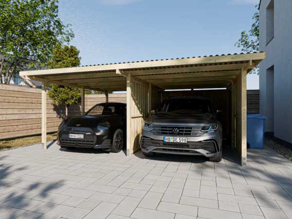 Holz-Doppelcarport EcoShield mit 4 Seitenwänden und 1 Rückwand