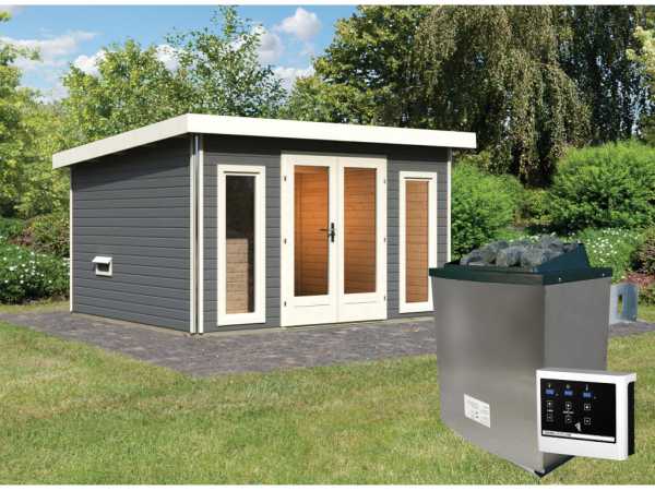 Saunahaus Mainburg 2 terragrau 38 mm inkl. Bio-Kombiofen 9 kW + ext. Steuerung