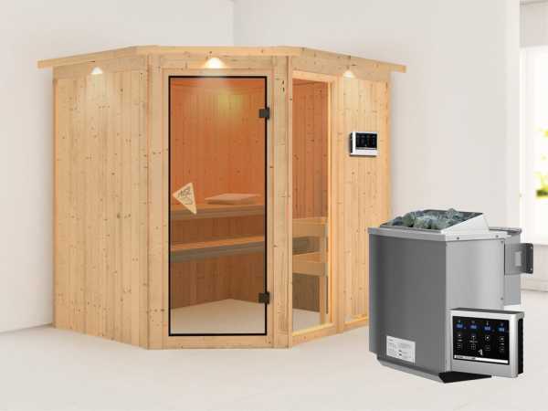 Sauna Systemsauna Fiona 2 mit Dachkranz, inkl. 9 kW Bio-Kombiofen ext. Steuerung