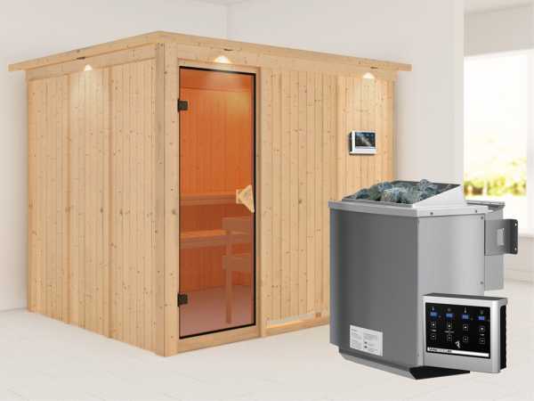 Systemsauna Gobin mit Dachkranz, bronzierte Ganzglastür, inkl. 9 kW Bio-Kombiofen ext. Steuerung
