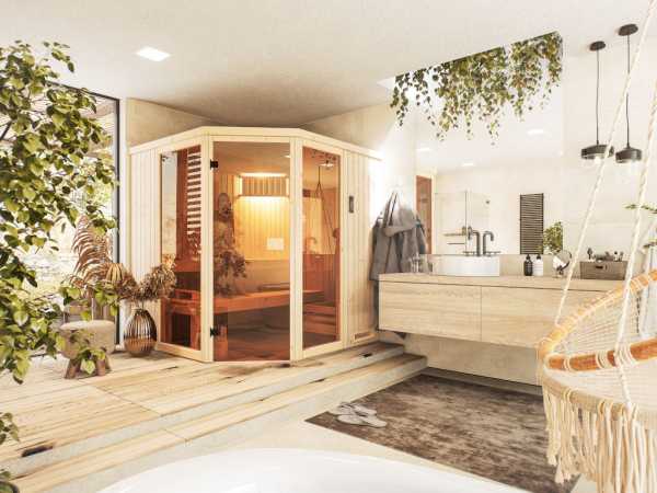 Sauna Systemsauna Letta 1 mit bronzierter Ganzglastür und zwei Fenstern
