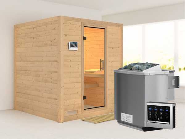 Sauna Massivholzsauna Mojave Klarglas Ganzglastür + 9 kW Bio-Kombiofen mit ext.Strg