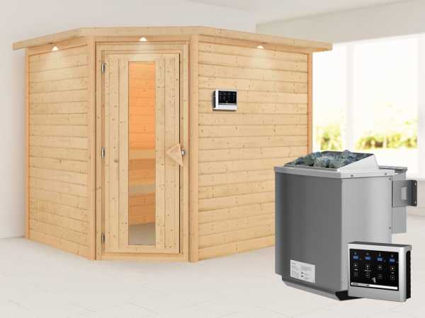 Sauna "Lisa" mit Energiespartür und Dachkranz + 9 kW Bio-Kombiofen mit ext. Strg.