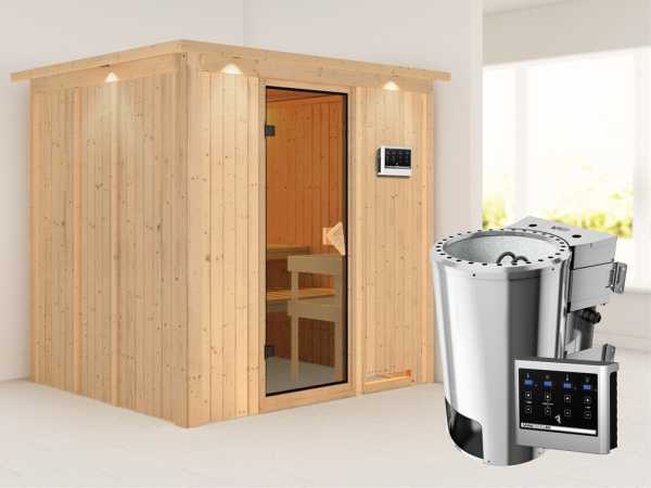 Sauna Systemsauna Daria mit Dachkranz, inkl. Plug & Play Bio-Ofen externe Steuerung