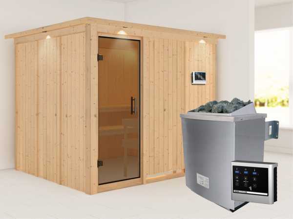 Systemsauna Gobin mit Dachkranz, graphit Ganzglastür, inkl. 9 kW Saunaofen ext. Steuerung