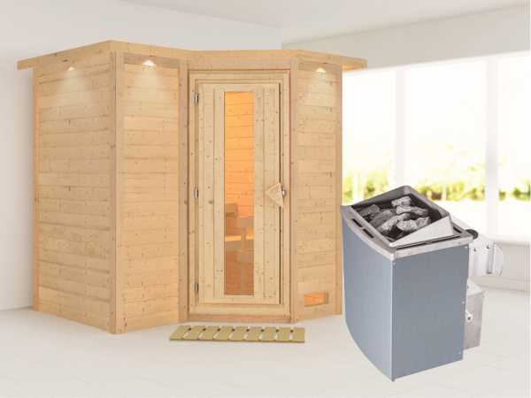 Massivholzsauna Sahib 1 mit Dachkranz, Holztür mit Isolierglas, inkl. 9 kW Ofen integr. Steuerung