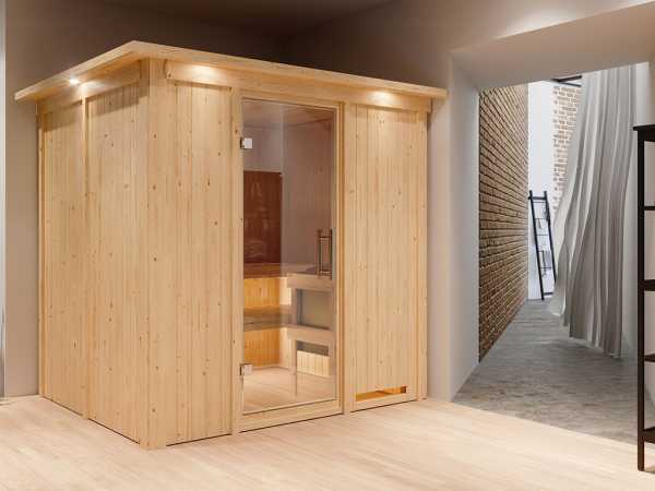 Sauna Systemsauna Sodin mit Dachkranz, inkl. 9 kW Ofen mit integrierter Steuerung