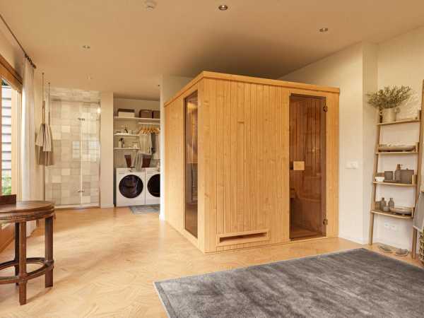 Systemsauna Lea 1 68 mm mit moderner Tür naturbelassen inkl. 9 kW Bio-Ofen