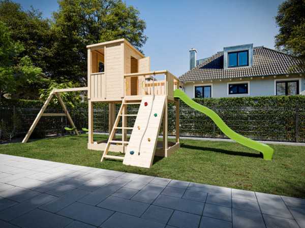 Stelzenhaus Carl naturbelassen mit Doppelschaukel inkl. Rutsche grün