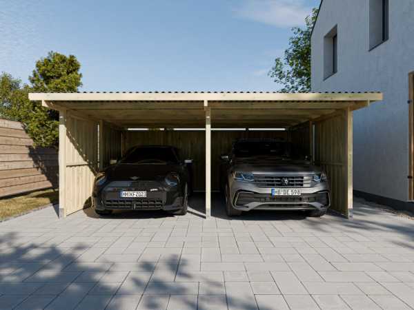 Holz-Doppelcarport EcoShield mit 4 Seitenwänden und 2 Rückwänden