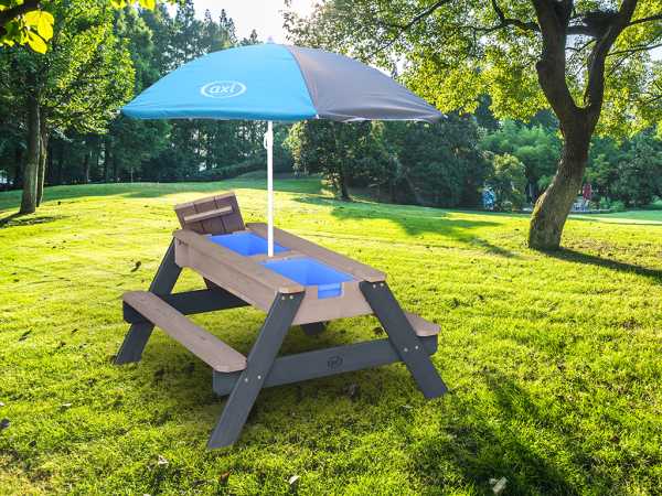 Nick Sand & Wasser Picknicktisch Anthrazit/grau - Sonnenschirm Grau/blau