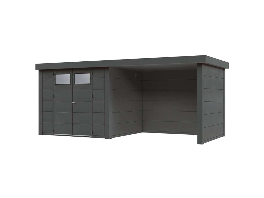 Gerätehaus aus Metall Eleganto 3024 mit Loungeanbau rechts Granitgrau