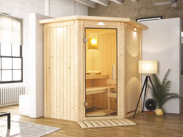 Sauna Systemsauna Tonja mit Dachkranz, Klarglas Ganzglastür