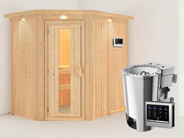 Sauna Systemsauna Saja mit Dachkranz, Energiespartür + Plug & Play Bio-Ofen mit externer Steuerung