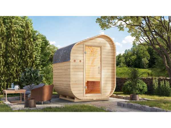 Fasssauna asymmetrisch 1 38 mm naturbelassen mit Ganzglastür