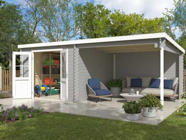 Gartenhaus Blockbohlenhaus Orlando Exklusiv 28 mm lichtgrau mit 3 m Anbau