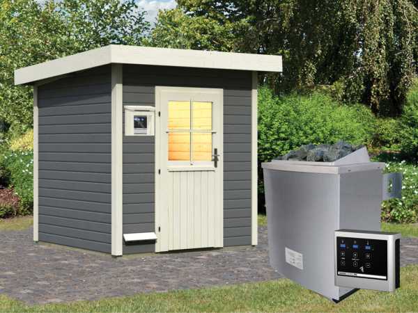 Saunahaus Taina Grau mit Holztür, inkl. 9 kW Saunaofen mit externer Steuerung