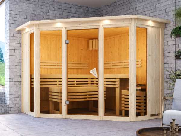 Sauna Alcinda mit bronzierter Glastür und Dachkranz + 9 kW Saunaofen integr. Strg.