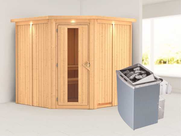 Systemsauna Jarin mit Dachkranz, Holztür mit Isolierglas, inkl. 9 kW Saunaofen integr. Steuerung