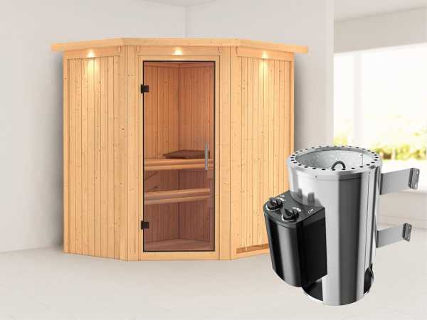 Sauna Systemsauna Tonja mit Dachkranz, Klarglas Ganzglastür + Plug & Play Saunaofen mit Steuerung