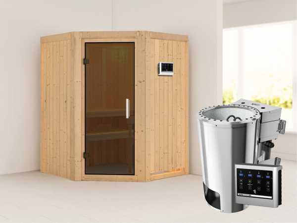 Sauna Systemsauna Nanja graphit Ganzglastür + Plug & Play Bio-Ofen mit externer Steuerung