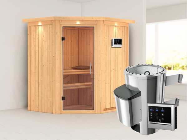 Sauna Systemsauna Tonja mit Dachkranz, Klarglas Ganzglastür + Plug & Play Saunaofen mit ext. Strg