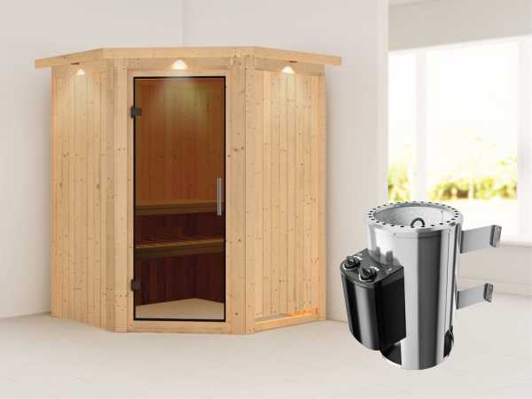 Sauna Systemsauna Nanja mit Dachkranz, graphit Ganzglastür + Plug & Play Saunaofen mit Steuerung