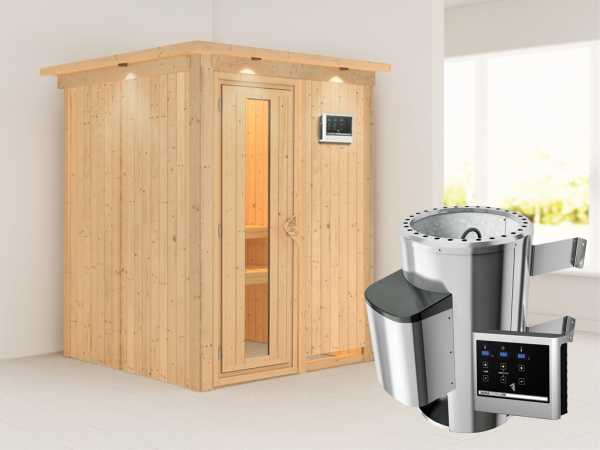 Sauna Systemsauna Minja mit Dachkranz, Energiespartür + Plug &amp; Play Saunaofen mit ext. Steuerung