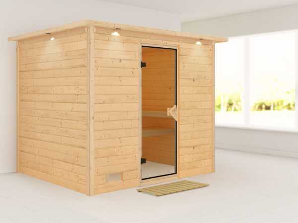 Massivholzsauna Sonara mit Dachkranz bronzierte Ganzglastür
