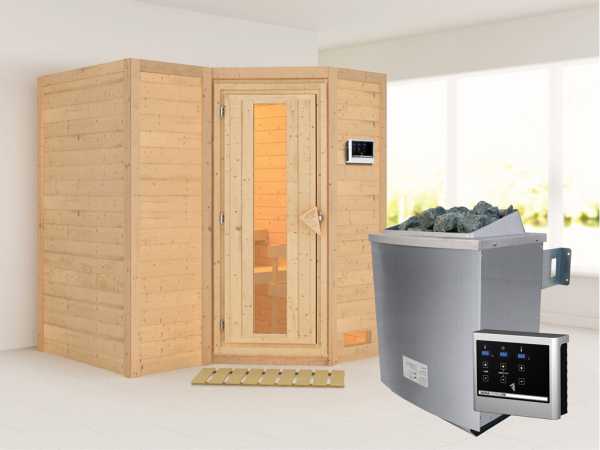 Massivholzsauna Sahib 1 Holztür mit Isolierglas, inkl. 9 kW Ofen ext. Steuerung