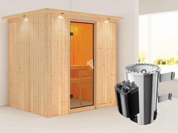 Sauna Systemsauna Fanja mit Dachkranz, inkl. Plug & Play Saunaofen Steuerung
