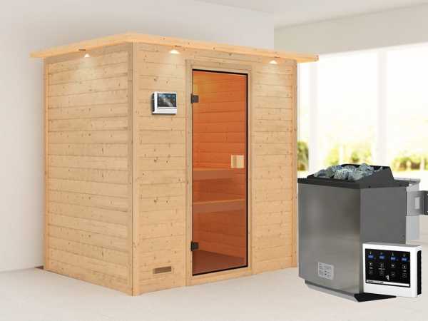 Sauna Massivholzsauna Selena mit Dachkranz, inkl. 9 kW Bio-Ofen mit externer Steuerung