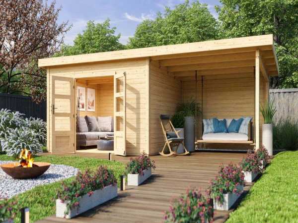 Gartenhaus SET Northeim 4 – mit naturbelassenem Holz, inkl. 3,3 m Anbaudach + Rückwand