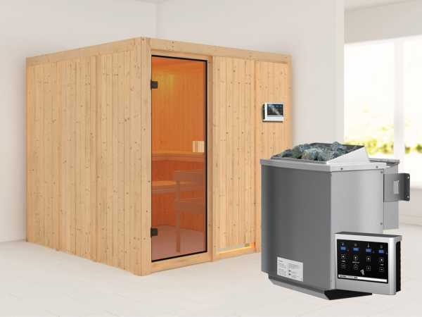 Sauna OULU mit bronzierter Glastür + 9 kW Bio-Kombiofen mit ext. Strg.