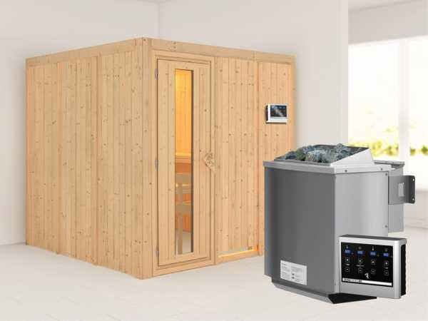 Systemsauna Rodin Holztür mit Isolierglas, inkl. 9 kW Bio-Kombiofen ext. Steuerung