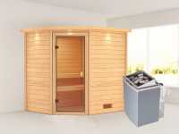 Sauna Massivholzsauna Elea mit Dachkranz, inkl. 4,5 kW Ofen mit integrierter Steuerung