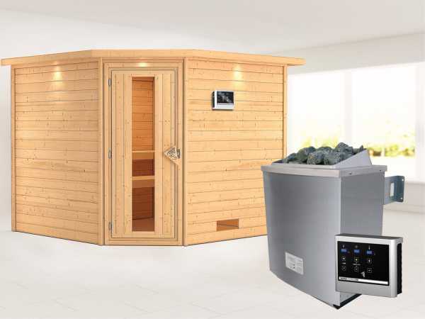 Sauna Massivholzsauna Leona mit Dachkranz, Energiespartür + 9 kW Saunaofen mit ext. Strg